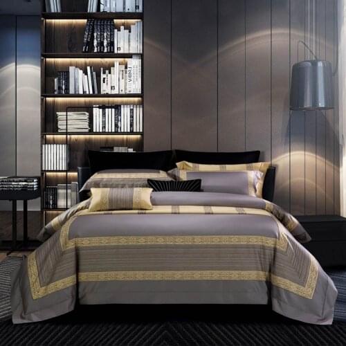 Papa&Mima Grey Golden Luxurious Egyptian Cotton Bedding Set Jacquard Flat Sheet Pillowcase Duvet Cover Sets Bed Linens