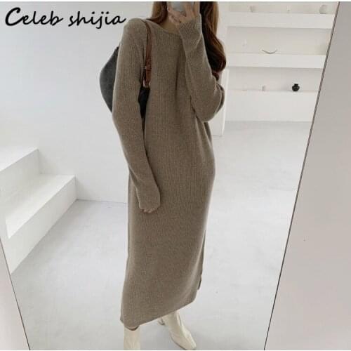Chic Knitting Loose Maxi Dress Woman Autumn O-Neck Loose Wool Dress Vestido Female Elegant Long Sweater Winter Clothing Korea