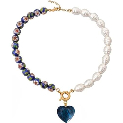 Blue Cloisonne beads gothic collares colar women gift natural stone heart pendant necklace choker jewelry necklace women