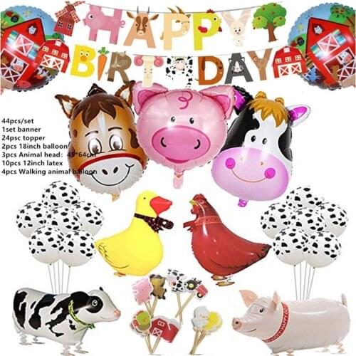44pc Farm Animal Cake Topper Toppers Cow Pig Banner Horse Lion Pet Walking Balloons Kids Gift Birthday Party Decoration Supplies