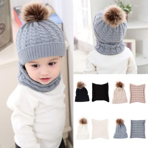 2018 New Baby Boy Knit Girl Winter Hat Toddler Kid Warm Beanie Crochet Cap+Scarf 2pcs