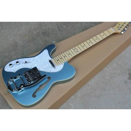 Top quality FDTL-2038 left hand metal blue color solid body F hollow white pickguard maple fretboard Bigsby tremolo TL electric guitar, Free shipping