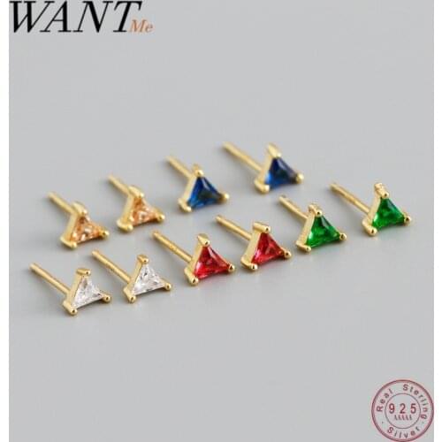 WANTME 925 Sterling Silver Geometric Color Zircon Triangle Small Stud Earrings Chic Piercing Women Fashion Jewelry Accessories