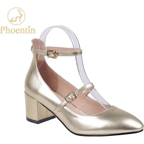 Phoentin gold mary janes ladies mid heels fashion shoes 2020 women shoes narrow band strappy genuine leather female pumps FT825