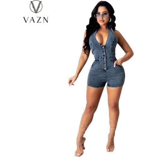 VAZN 2021 Hot Sale Sexy V-neck Solid Blue V-neck Zippers Party Beach Playsuits Short Pant Bandage Rompers