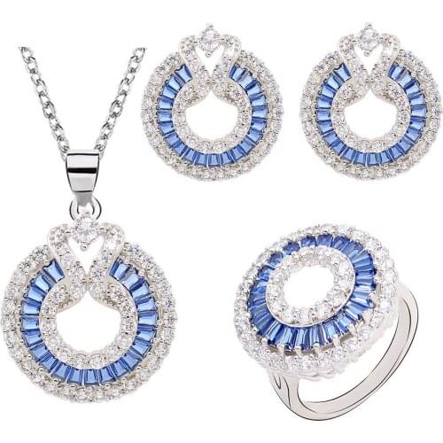 New Design Green Blue Semi-precious Silver Color Jewelry Sets for Women Gift Earrings Necklace Pendant Ring