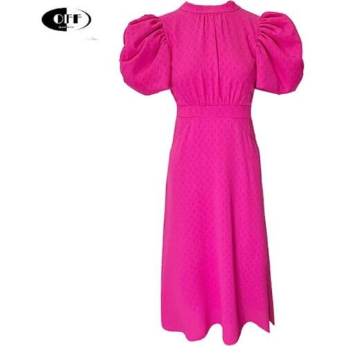 Designer Rosed Midi Dress For Women Puff Short Sleeve Summer Backless Bow Hollow Out Elegant Party Chic Korean Dresses Traf Robe