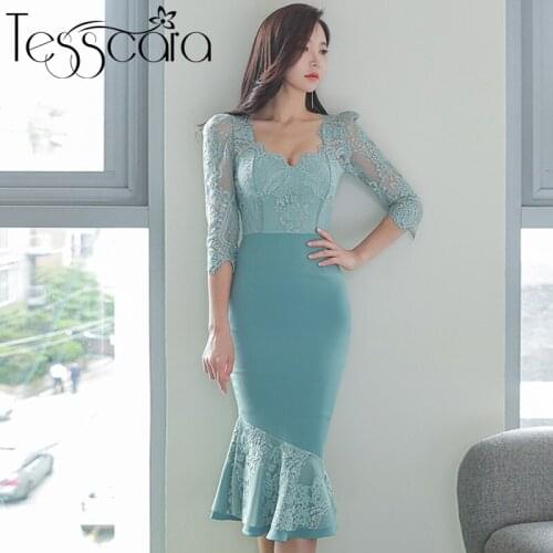 TESSCARA Women Elegant Trumpe Dress Festa Female High Quality Long Office Party Robe Femme Runway Designer Blue Lace Vestidos