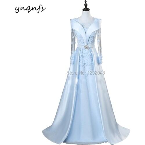 YNQNFS M80 Lace Long Sleeve Blue Mother of the Bride Dresses for Wedding Party Dinner Womens Evening Prom Formal Dress