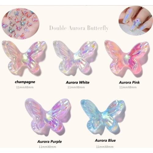 11*8mm(50Pc) Double Layer Butterfly Nail Art Rhinestones Resin Aurora Manicure Decoration 3-D Double-Butterfly Stones Accessorie