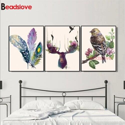 3 pcs Abstract Nordic Elk Bird Feather Full square round diamond painting diamond embroidery 5D rhinestone mosaic modern Art