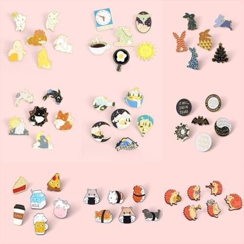 6pcs/set Enamel Pin Cute Punk Animal Traveling Food Quotes Saying Metal Brooches Badges for Backpacks Bag Men Women Jewelry