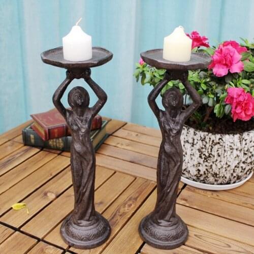 European Rustic Retic Shabby Chic Antique Rust Look Ladys Maid Design Cast Iron Metal Candle Holder