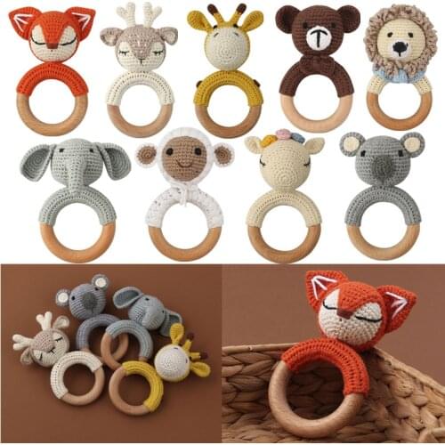 BPA Free Wooden Baby Teether Handmade Crochet Deer Rattle Toys Rodent Soother Teething Ring Toys Newborn Mobile Pram Crib Toy