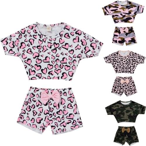 New 2Pcs Toddler Summer Outfit, Heart/Camouflage/Leopard Print Short Sleeves T-Shirt + Shorts for Girls, 9 Months to 4 Years