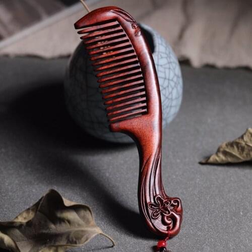 Natural red sandalwood carved wooden comb dense tooth printing comb wooden massage comb woodcarving handicraft gift girlfriend