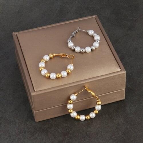 Round Circle Earring Large Hoop Earrings Peal Stainless Steel Earring Pearl Earrings Statement Earrings Brincos Korean Jewelry