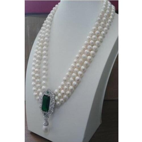 Triple strands 9-10mm south sea round white pearl necklace pendant 18"19"20" KKK