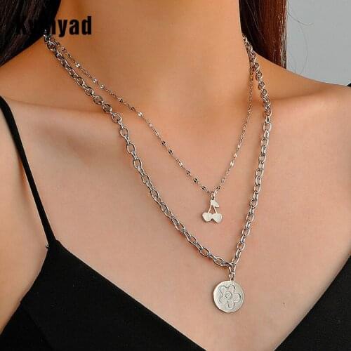 Kymyad Fashion Necklaces For Women Cherry Pendant Necklace Double Layered Chains One Piece Necklace Ins Silver Color Necklaces