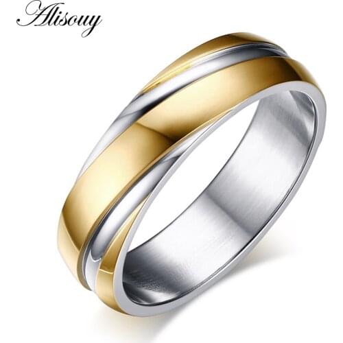 Alisouy wedding rings for men women jewelry high polished 316L stainless steel for birthday gift Black Gold beauty ring