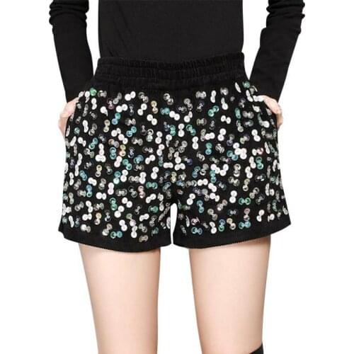 Fall Winter 2017 Fashion Woman Lady Elastic Waist Glitter Cordury Black Shorts , Autumn Casual Women Female Sequined Slim Shorts
