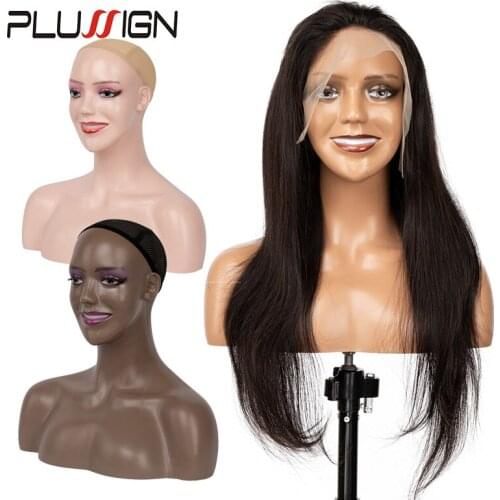 Plussign New Makeup Black Lipstick Model Wig Mannequin Head With Shoulders Breast Ear Holes Headband Sunglasses Display Stand