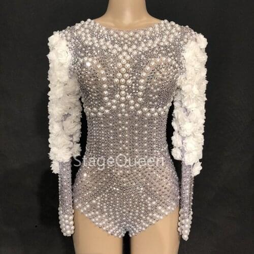 Stage Sparkly Rhinestones Pearls Bodysuit White Flowers Womens Birthday Celebrate Stage Singer Dance DS Show Nightclub Leotard