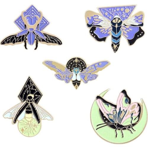 Luminous Enamel Pin Custom Moth Butterfly Moon Brooches Bag Lapel Pin Cartoon Animal Badges For Backpack Clothing Pins Jewelry