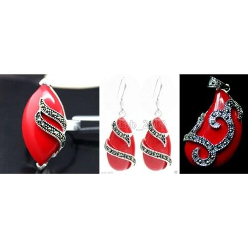 Unique Red Carved Lacquer Marcasite 925 Sterling Silver Ring(#7-10) Earrings & Pandent jewelry sets