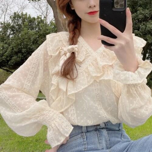Autumn Lace Fairy Casual Blouse Tops Women Korean Chiffon Design Party Sweet Blouse Shirt V-Neck Long Sleeve Vintage Blouse Tops