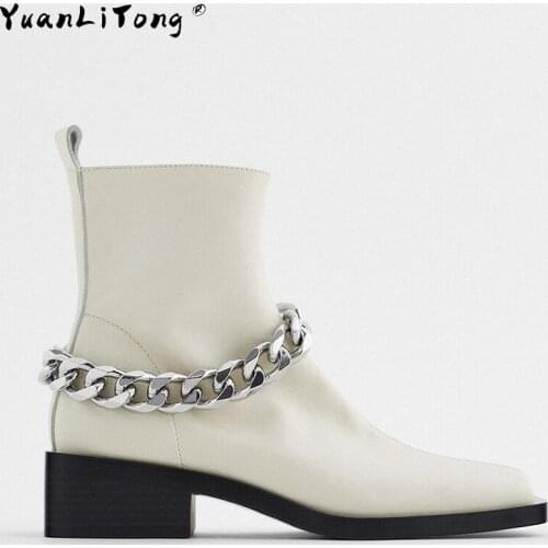 Zar Womens Boots 2021 New Autumn And Winter White Chain Flat Ankle Boots Square Toe Zipper Thick Heel British Style Martin Boot