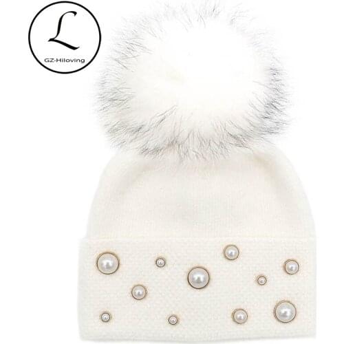 High Quality Women Pearls Knitted Beanies Hats With Real Fur Pompom Winter Autumn Soft Warm Wool Skullies Hats Girls ladies hat
