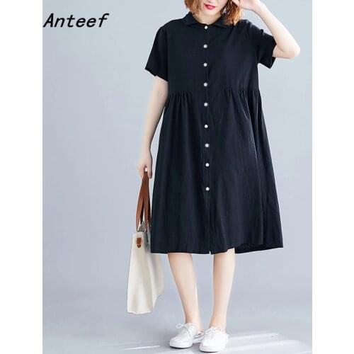 Short sleeve black cotton linen vintage dresses for woman casual loose midi summer shirt dress elegant clothes 2021