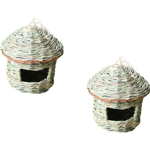 2pcs Hanging Birdhouse Reed Grass Bird Hut Shelter Nest For Canaries Parrots Sparrow Small Sized Birds Garden Decor