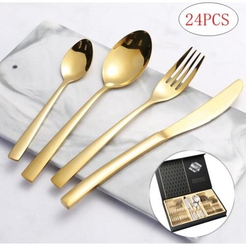 24Pcs/set Western Tableware Cutlery Dinner Set Stainless Steel Knife Fork Spoon Cutlery Set Kitchen Tableware Silverware Sets