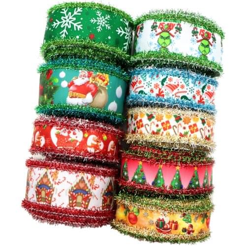 25MM 2Yard/Roll Christmas Printed Grosgrain Ribbon Metallic Tinsel Deer Tree Printed DIY Hair Bows Gift Wrapping,2Yc20456