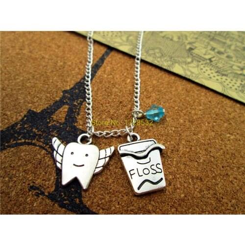 3pcs/lotfashion Dental Hygienist necklace Antique silver toothbrush/dental floss necklace