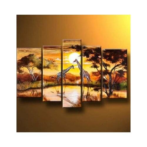 5 pieces Hand Painted Giraffes By The Waterspring-Modern Canvas Art Wall Decor-Landscape Oil Painting Wall Art