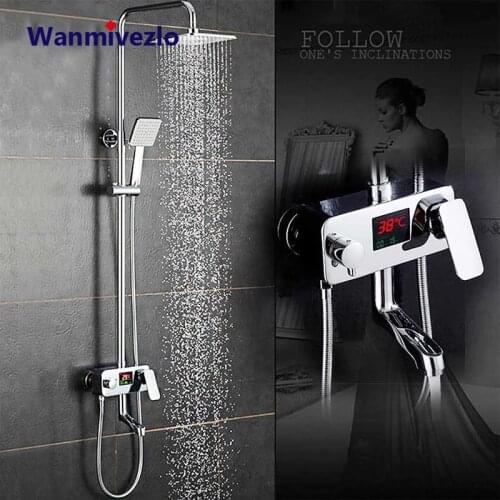 Digital Display 8" Rainfall Shower Faucet Sets Rotate Tub Spout Chrome Shower Mixer Set Handshower Temperature sensor Mixer Tap