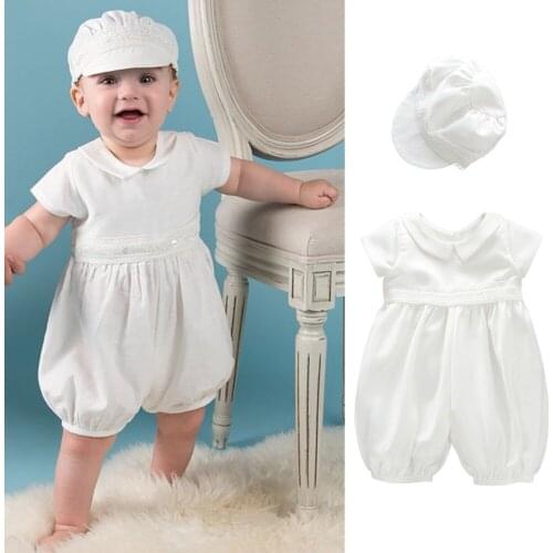 2pcs Baby Boys Toddler White Baptism Christening Gown Doll Collar Romper with Hat Short Sleeve Sz 0-24Month