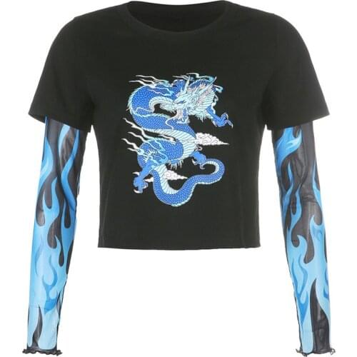 Gothic Dragon Pattern Print T-shirt Women Autumn Sexy Long Sleeve Black Pullover Female Streetwear Harajuku Casual Top