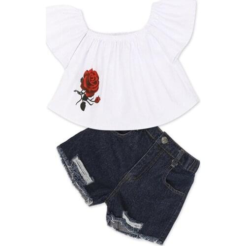 Hooyi Off Shoulder Shirt For Kids Girls Ruffle Floral Rose Top Short Denim Jeans Girls Summer Clothes Set Fashion Outfit