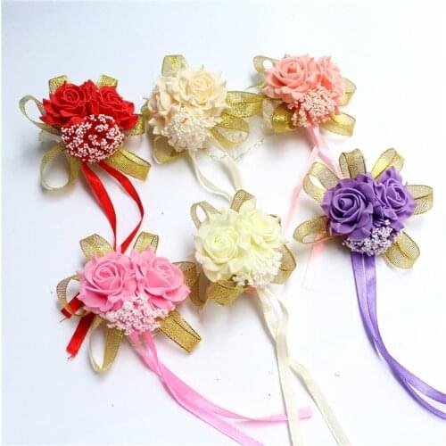 New Fashion Rose Wrist Hand Flower Wedding decoration silk Lace PE Foam Artificial Brides Bridesmaid wrist flower decor Sh002