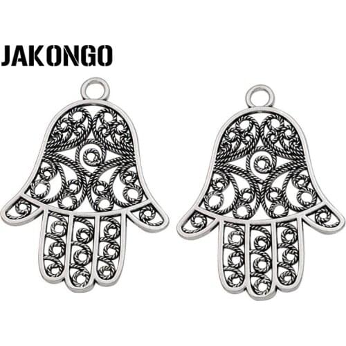 JAKONGO 4pcs Tibetan Silver Plated Fatima Hand Hamsa Charms Pendants for Jewelry Making DIY Handmade Accessories 56x42mm