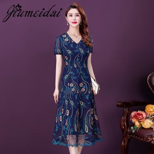 JiuMeiDai Women Summer Elegant Dress Office Lady Party Embroidery Robe Femme Vintage A-Line Designer Casual Clothing Plus Size