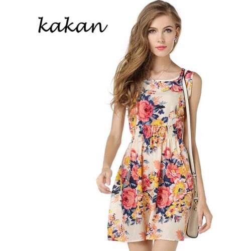 Kakan summer new hot womens floral chiffon dress large size print sleeveless short dress casual waist dress S-2XL