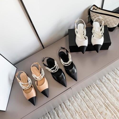 Kmeioo fashion female shoes pointed toe ankle strap sandals shallow dress shoe for women pearl sandals low heels