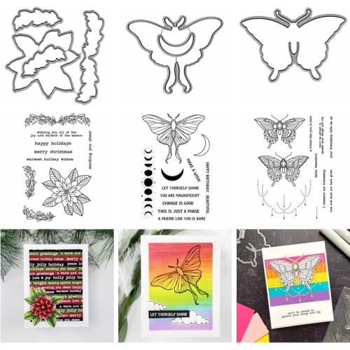 Pretty Butterflies Poinsettia Foliage Metal Cutting Dies With Clear Stamps Moon Lace Common Sentences Wishes DIY Craft 2020