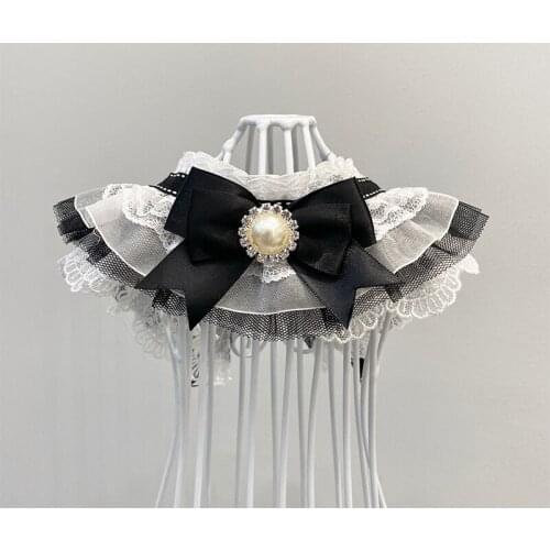 Pet Dog Black White Lace Collars For Small Medium Dog Fashion Bowknot Crystal Pearl Bibs Jewelry Accessory Supplies Teddy Poodle