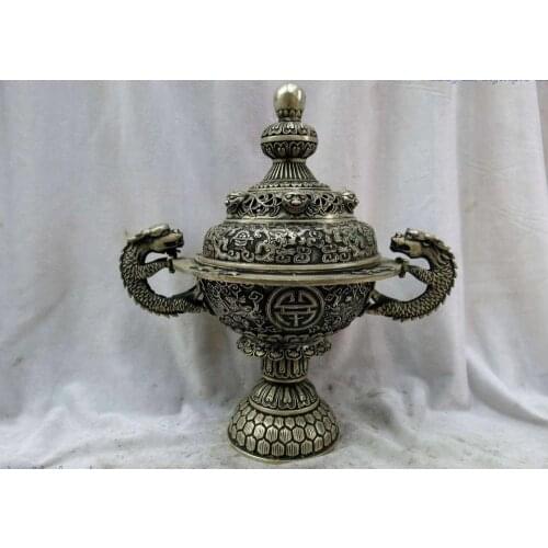 10" China silver finely lucky decorative pattern dragon censer Incense burner